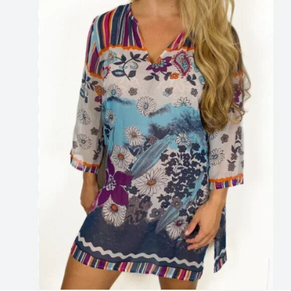 Coldwater Creek Silk Stripe & Floral Sheer Tunic Top - Picture 9 of 11